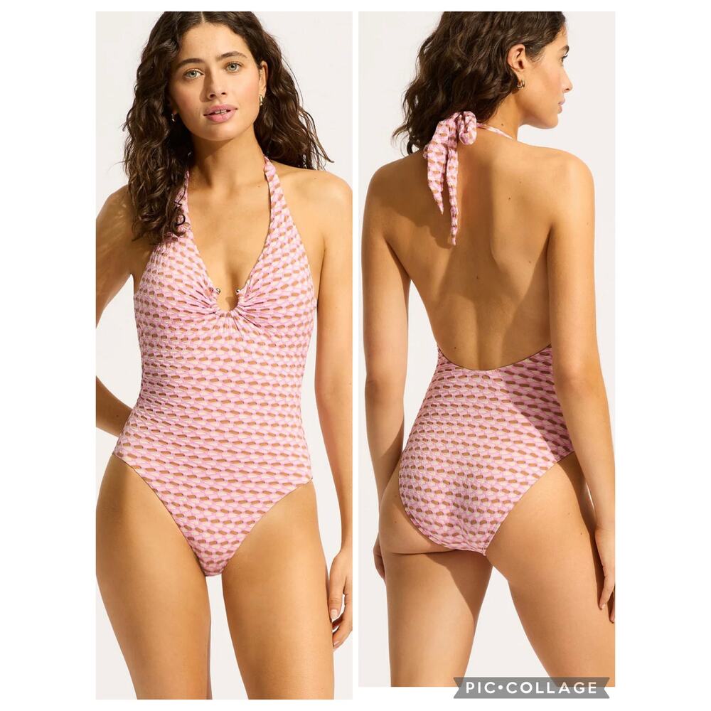 Seafolly Pink Patterned Halter One-Piece Swimsuit